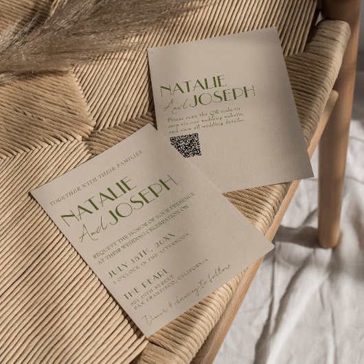 Invitation Mariage élégant avec code QR rétro vert olive