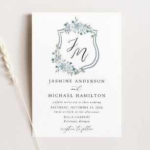 Invitation Mariage Élégant avec Couronne Florale Bleu Poussié