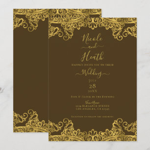 Invitation Mariage Élégant avec Dentelle Marron et Or