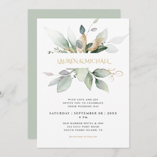 Invitation Mariage élégant avec eucalyptus et or (Devant / Derrière)