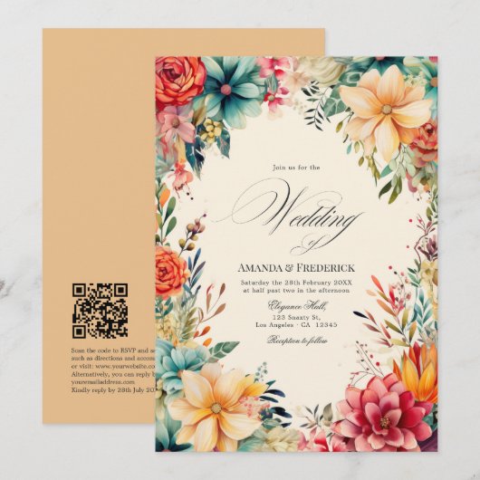 Invitation Mariage élégant avec fête et code QR à l'aquarelle (Devant / Derrière)