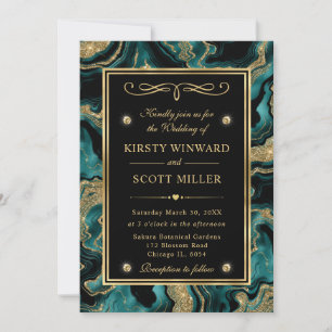 Invitation Mariage élégant avec feuille de cuivre sarcelle et