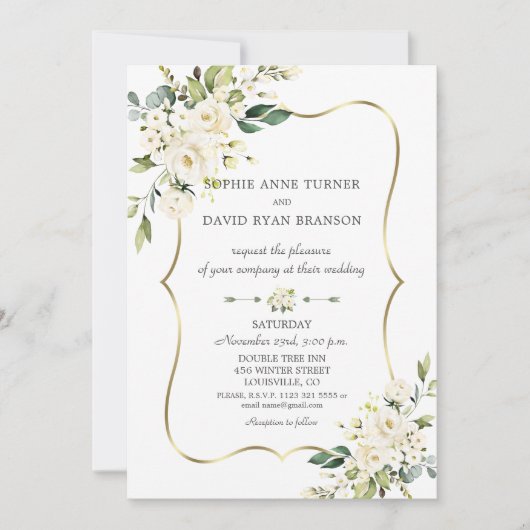 Invitation Mariage élégant avec fleurs blanches délicates et (Devant)