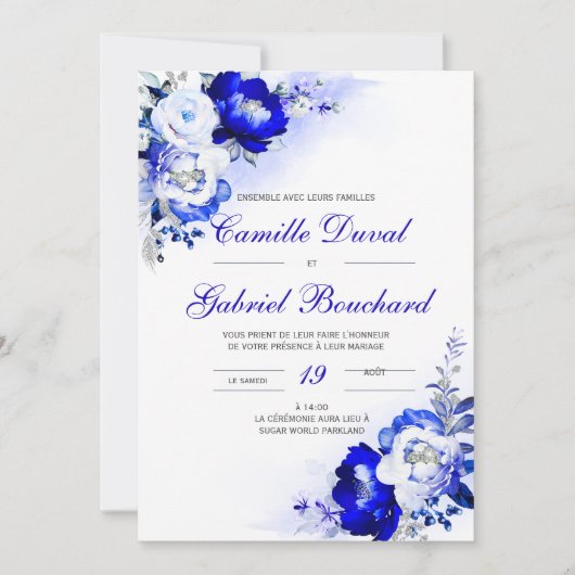Invitation Mariage élégant avec fleurs bleues (Devant)