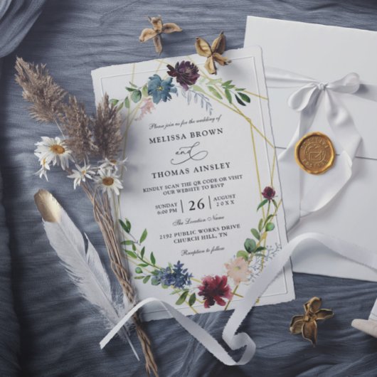 Invitation Mariage élégant avec fleurs bordeaux Code QR Budge