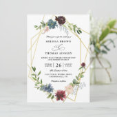 Invitation Mariage élégant avec fleurs bordeaux Code QR Budge (Debout devant)