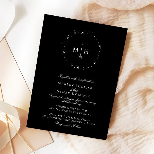 Invitation Mariage élégant avec monogramme céleste noir et bl