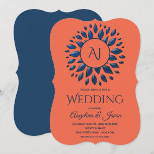Invitation Mariage élégant avec monogramme, marine et corail