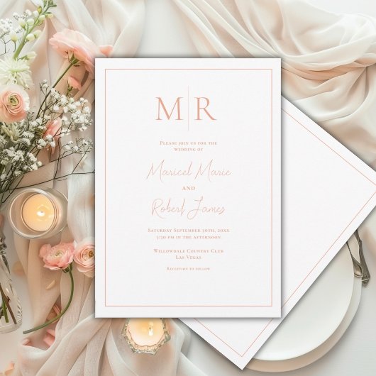 Invitation Mariage élégant avec monogramme moderne de pêche