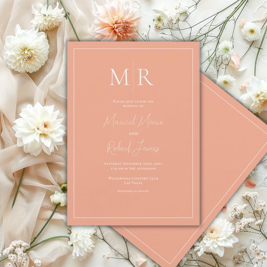 Invitation Mariage élégant avec monogramme moderne en pêche
