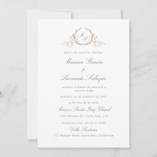 Invitation Mariage Élégant Avec Monogramme Or, En Espagnol (Devant)