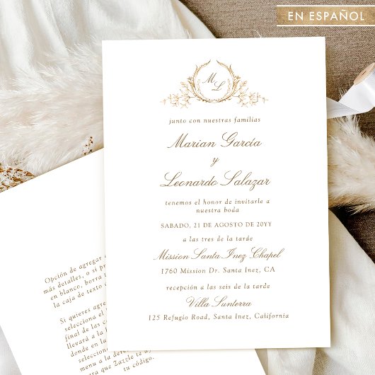 Invitation Mariage Élégant Avec Monogramme Or, En Espagnol