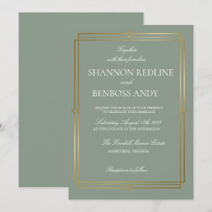 Invitation Mariage élégant avec monogramme vert sauge et or