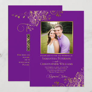 Invitation Mariage élégant avec photo et code QR violet et or
