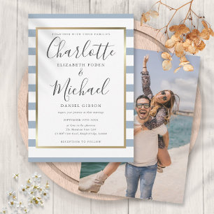 Invitation Mariage élégant avec photo et rayure bleue poussié