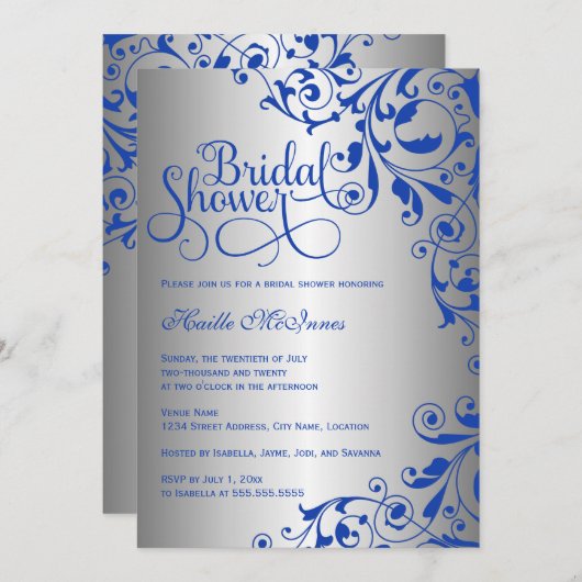 Invitation Mariage élégant avec tourbillons de bleu royal et  (Devant / Derrière)