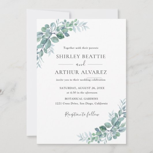 Invitation Mariage Élégant avec Verdure d'Eucalyptus (Devant)