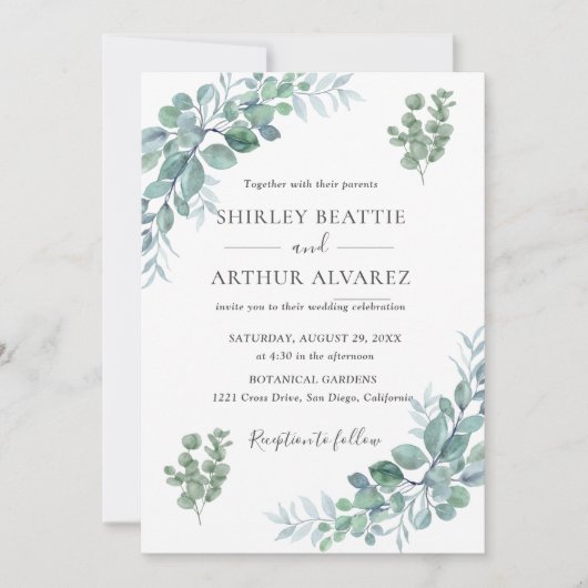 Invitation Mariage Élégant avec Verdure d'Eucalyptus (Devant)