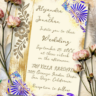 Invitation Mariage élégant baroque Otomi mexicain bleu et or