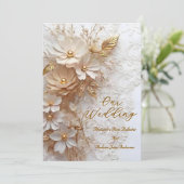 Invitation Mariage Élégant Beige Blanc Dentelle Fleurs Dorées (Debout devant)