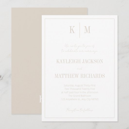Invitation Mariage élégant beige chaud Monogramme  (Devant / Derrière)