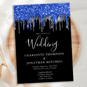 Invitation Mariage élégant Black Blue Silver Parties scintill
