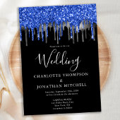 Invitation Mariage élégant Black Blue Silver Parties scintill