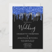 Invitation Mariage élégant Black Blue Silver Parties scintill (Devant)