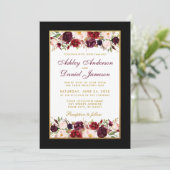 Invitation Mariage Elegant Black Gold Frame Bourgogne Floral (Debout devant)