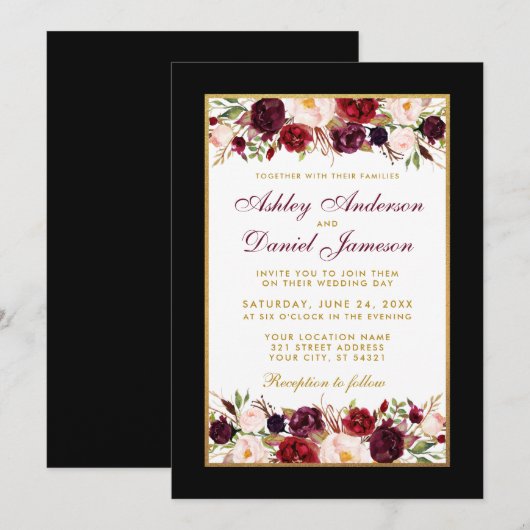 Invitation Mariage Elegant Black Gold Frame Bourgogne Floral (Devant / Derrière)