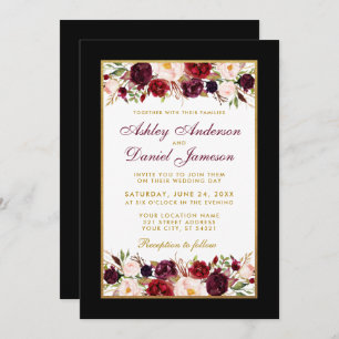 Invitation Mariage Elegant Black Gold Frame Bourgogne Floral