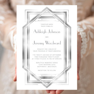 Invitation Mariage élégant blanc argenté vintage 1920 Deco