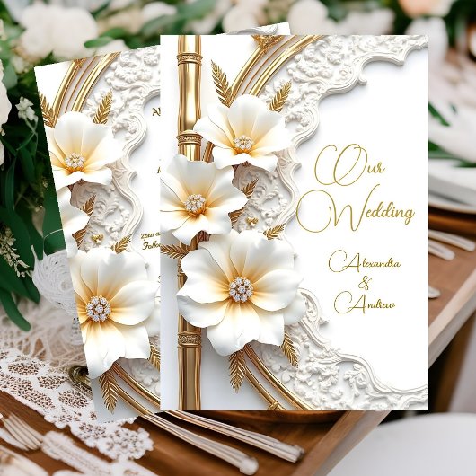Invitation Mariage élégant Blanc Diamant Or Floral Bamboo