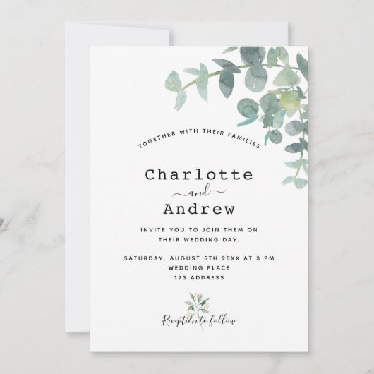 Invitation Mariage élégant blanc eucalyptus vert (Devant)