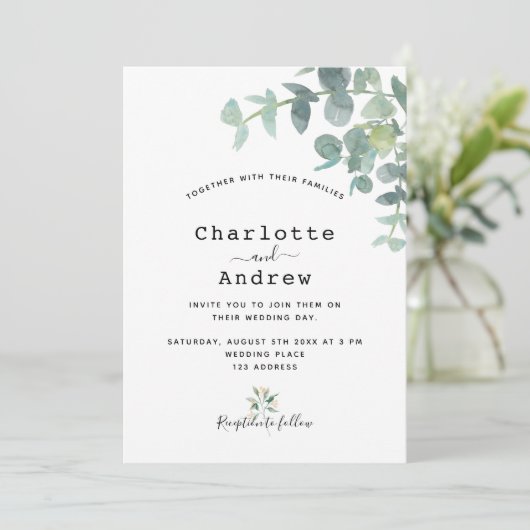 Invitation Mariage élégant blanc eucalyptus vert (Debout devant)