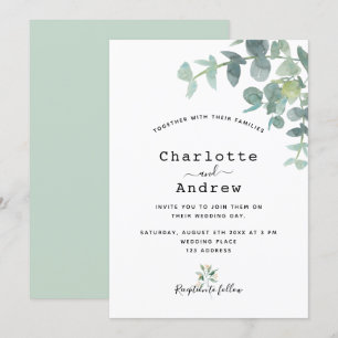 Invitation Mariage élégant blanc eucalyptus vert