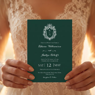 Invitation Mariage Élégant Blanc Vert Émeraude Monogramme