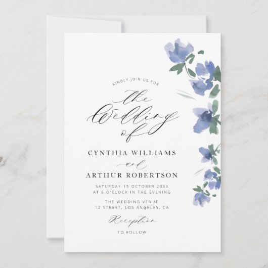 Invitation mariage élégant bleu aquarelle fleurit (Devant)
