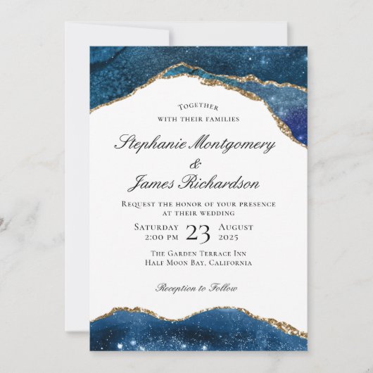 Invitation Mariage élégant bleu avec feuille d'or sur agate (Devant)