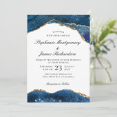 Invitation Mariage élégant bleu avec feuille d'or sur agate (Debout devant)