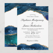 Invitation Mariage élégant bleu avec feuille d'or sur agate (Devant / Derrière)