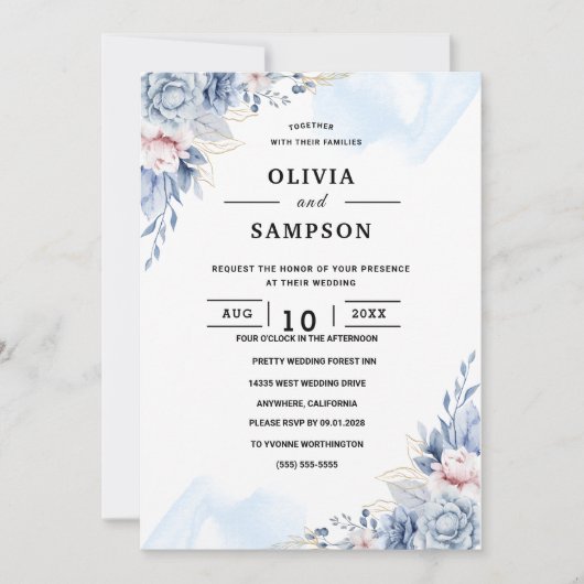 Invitation Mariage élégant bleu blanc (Devant)