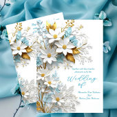 Invitation Mariage élégant bleu blanc dentelle or Fleurs