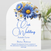 Invitation Mariage élégant Bleu Blanc Fleurs Jaunes