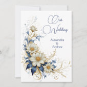 Invitation Mariage élégant Bleu Blanc Or Fleurs (Devant)