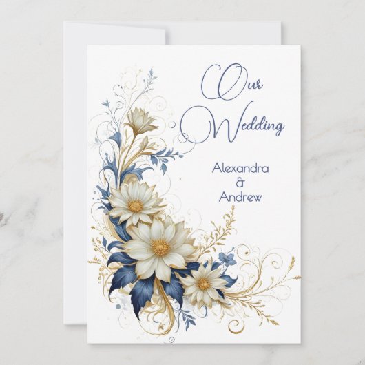 Invitation Mariage élégant Bleu Blanc Or Fleurs (Devant)