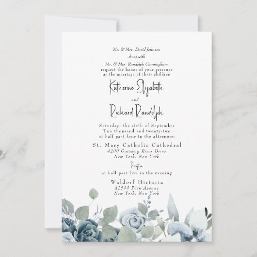 Invitation Mariage élégant, bleu bleu bleu foncé (Devant)