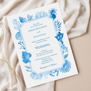 Invitation Mariage élégant bleu coquillage côtier et corail