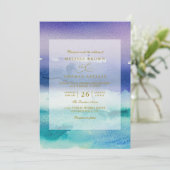 Invitation Mariage élégant bleu de mer violet QR Code plage (Debout devant)