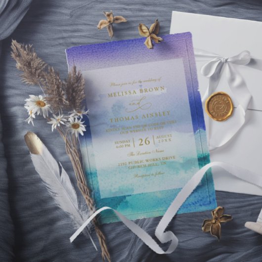 Invitation Mariage élégant bleu de mer violet QR Code plage